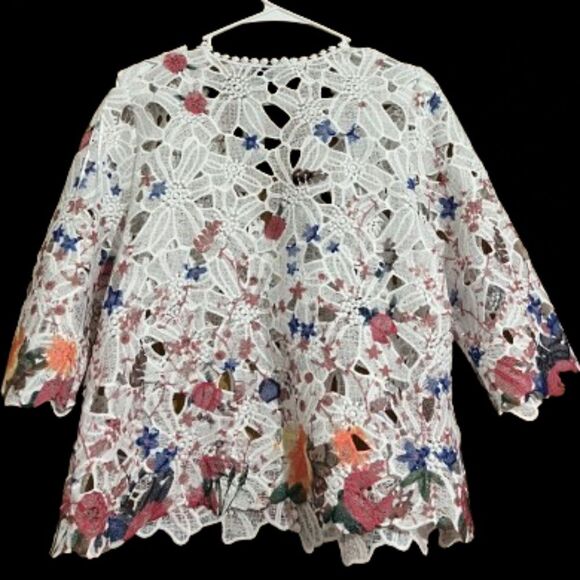 Chris McLaughlin Women White Multi Eyelet Floral Coverup Top in Lace Fabric Sz-M - Picture 5 of 5